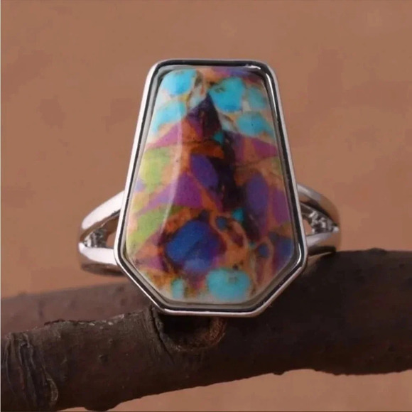 Boho Colorful Gemstone Silver Ring | Statement Cocktail Ring Size 9 - Picture 4 of 4